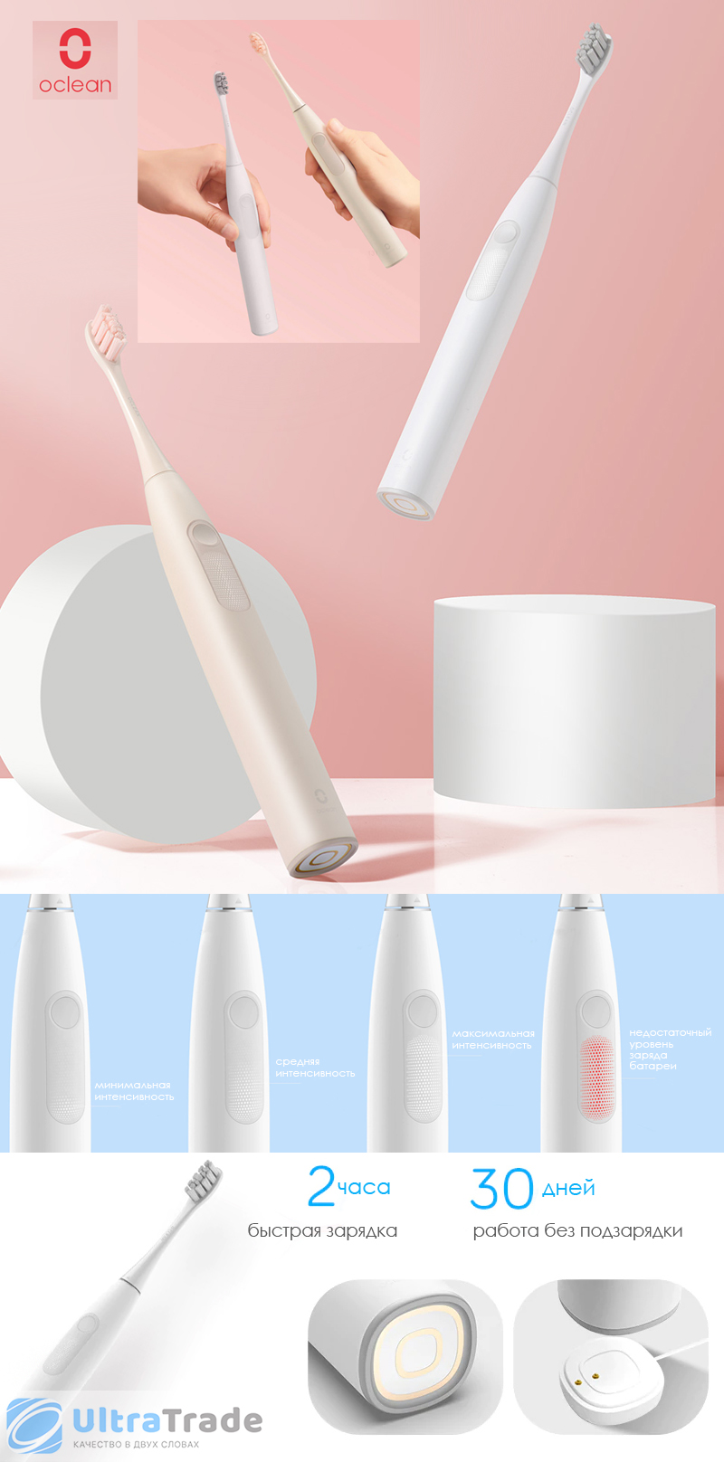 Электрическая зубная щетка Xiaomi Oclean Z1 Smart Sonic Electric Toothbrush LED Display Pink (Международная версия)