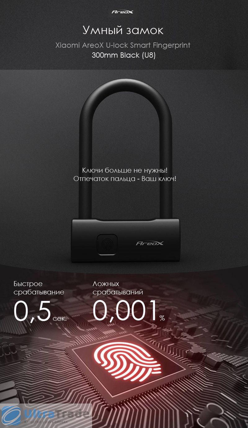 Умный замок Xiaomi AreoX U-lock Smart Fingerprint 300mm Black (U8)