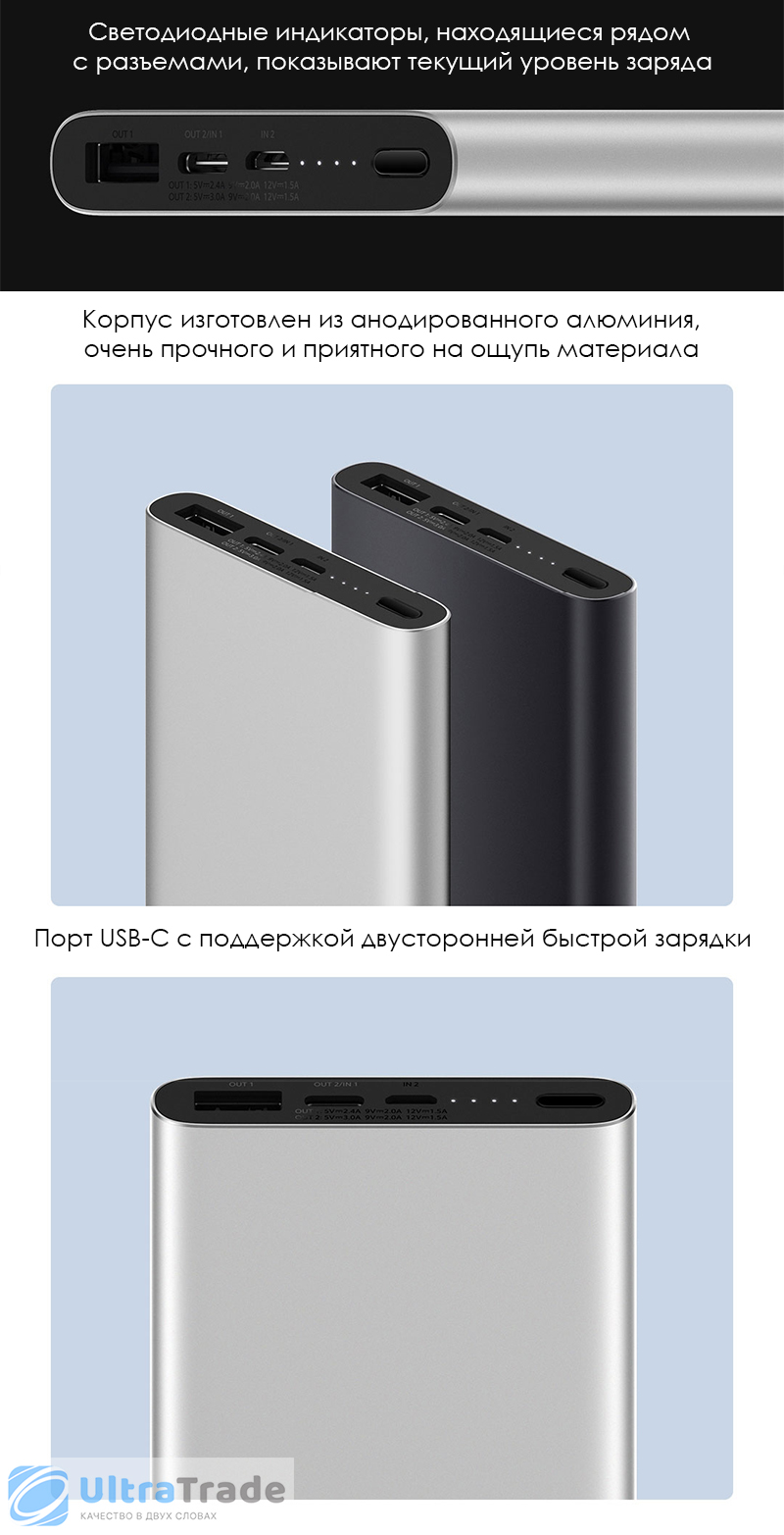 Внешний аккумулятор Xiaomi Power Bank 3 10000mAh USB-C Black (PLM12ZM)