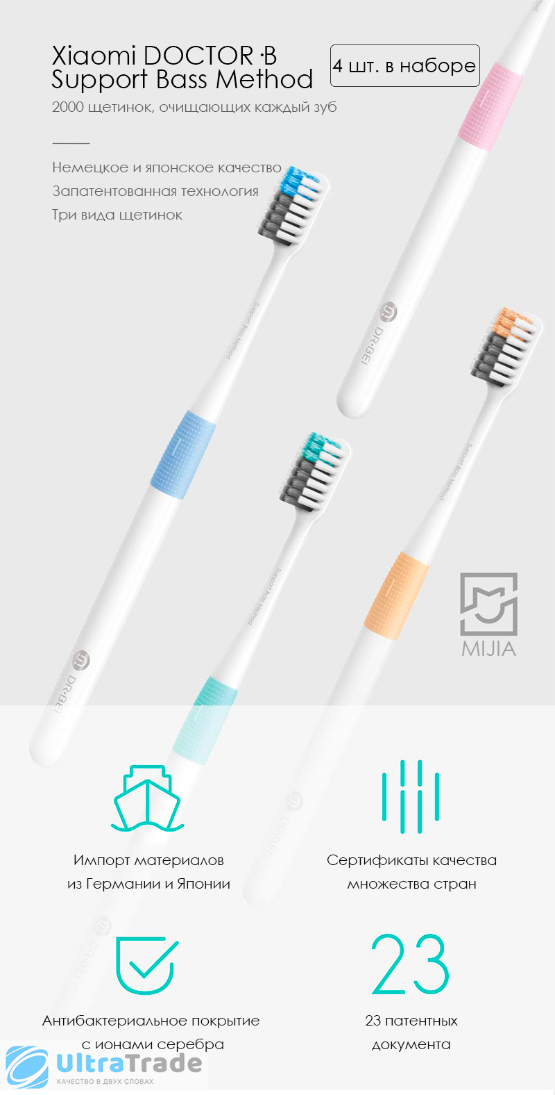 Набор зубных щеток Xiaomi DOCTOR·B Support Bass Method 4 шт