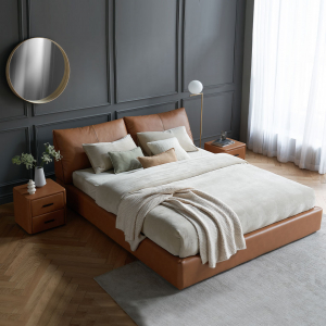 Двуспальная кровать с подъемным механизмом Xiaomi Yang Zi Look Souffle Leather Storage Bed Set 1.8 m Orange (2 тумбочки в комплекте)