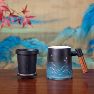 Керамическая кружка Xiaomi Pinztea Wooden Handle Ceramic Tea Cup 390 ml Mountains - фото 2